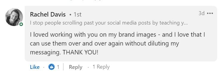 Customer testimonial from Rachel Davis of RTSocial for Helen Yandell Photography
