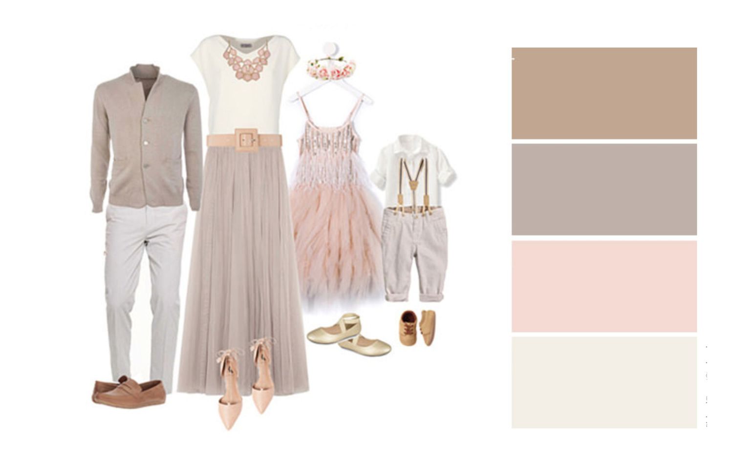 Soft neutral family wardrobe guide with beige, blush pink and cream colored outfits.