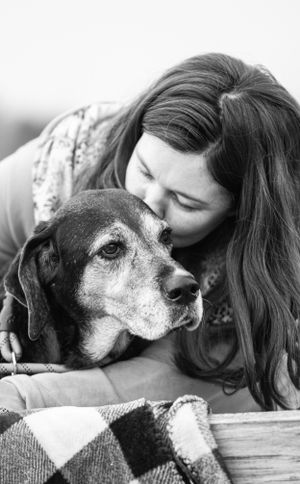 Young woman tenderly kissing an elderly dog resting on a plaid blanket in black and white photo. Dog Photographer in Maine