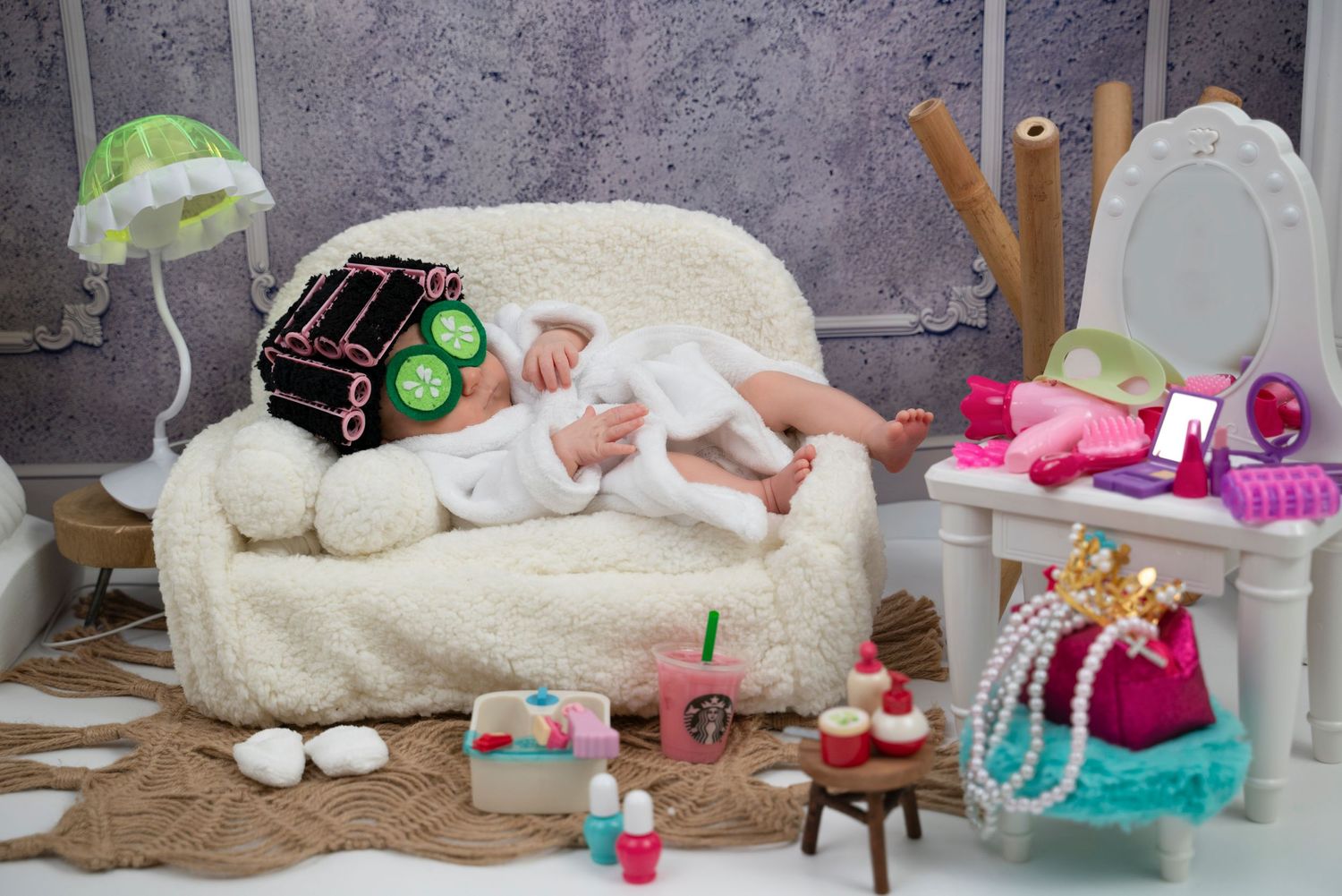Newborn Baby Session Spa  theme with cucumbers on face Newborn Photography Coral Springs Florida