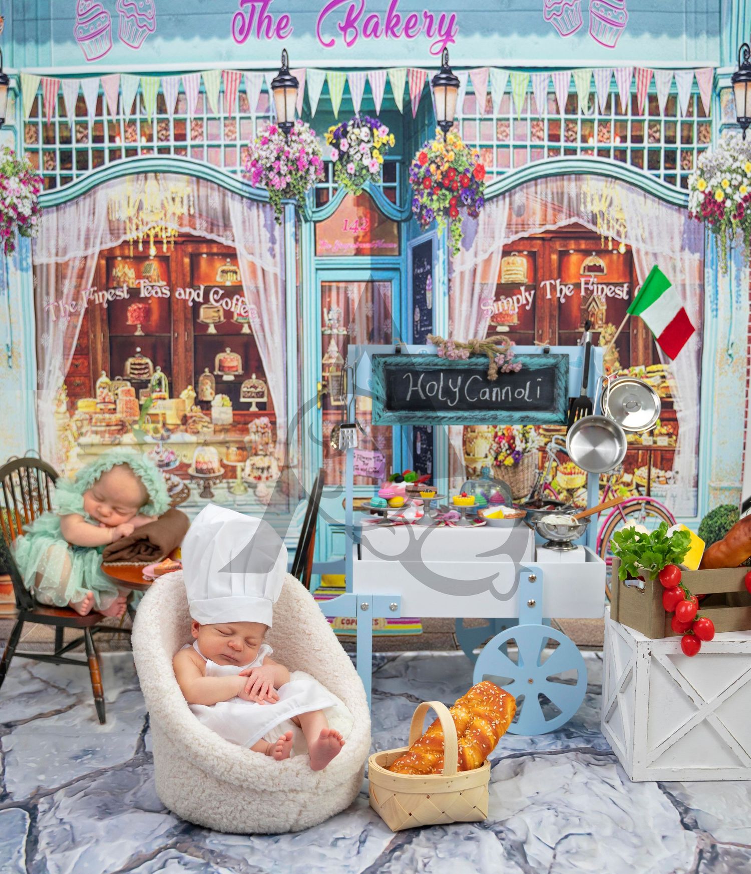 Charming bakery storefront setup with colorful displays, flowers and vintage decor.