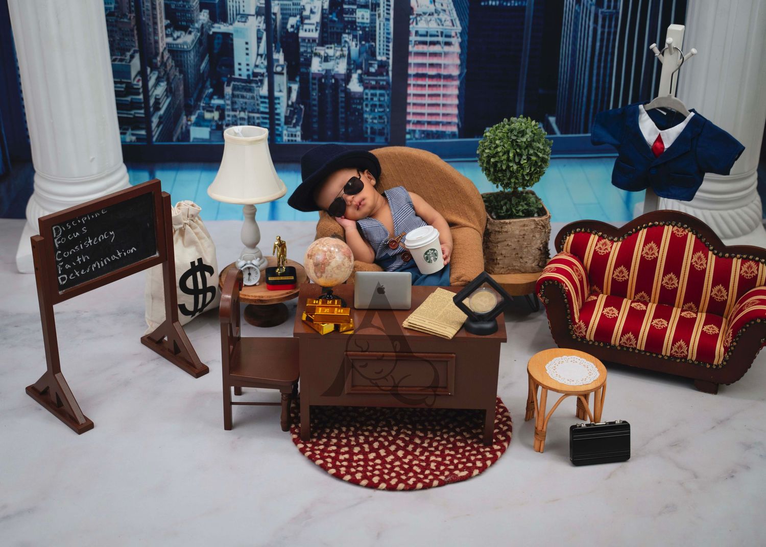 Creative business-themed newborn photo setup with office desk props and city backdrop.