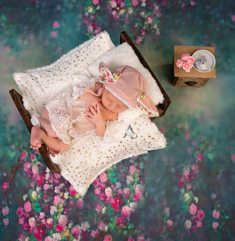 Overhead view of a newborn in lace dress sleeping in miniature bed surrounded by pink floral petals.