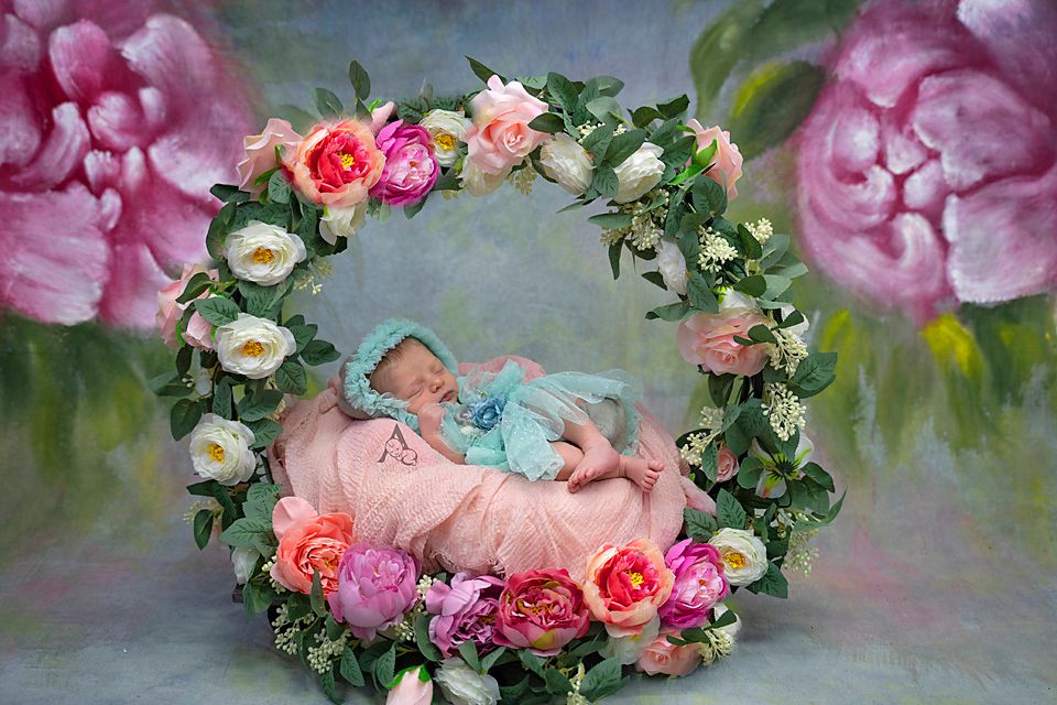 A sleeping newborn nestled in a floral wreath with pink and cream roses against a painted backdrop.