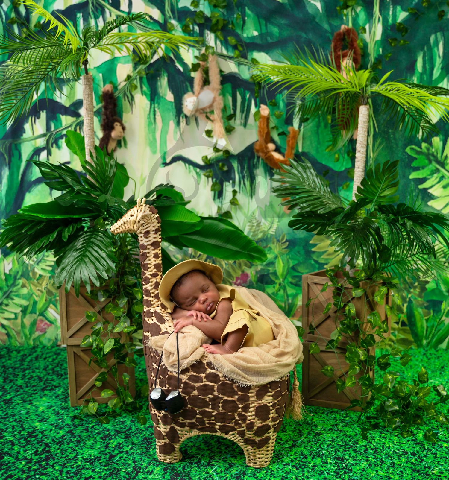 Tropical jungle themed scene with palm fronds and a decorative giraffe-print basket.