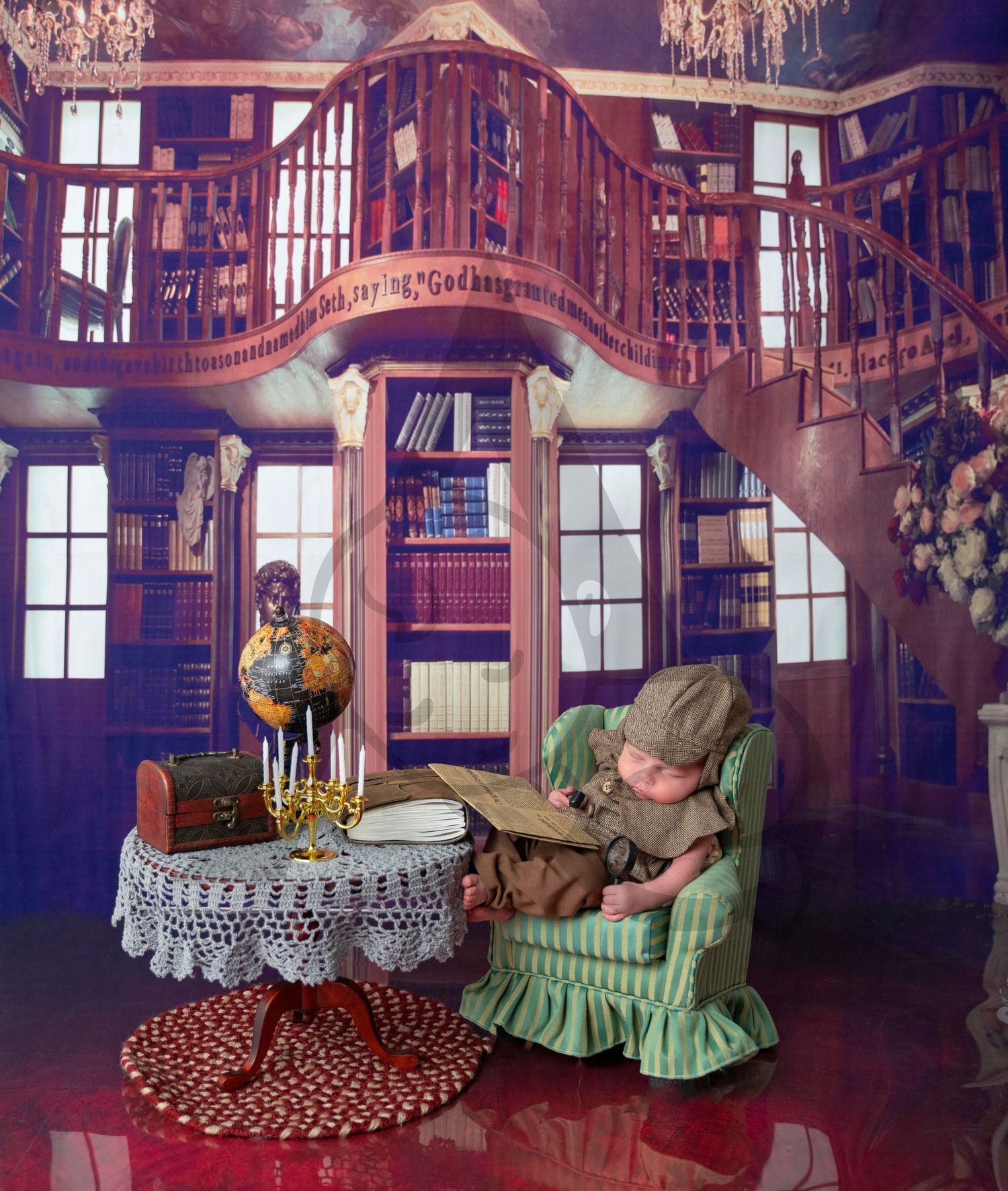 Cozy library scene with spiral staircase, wooden bookshelves, and vintage armchair.