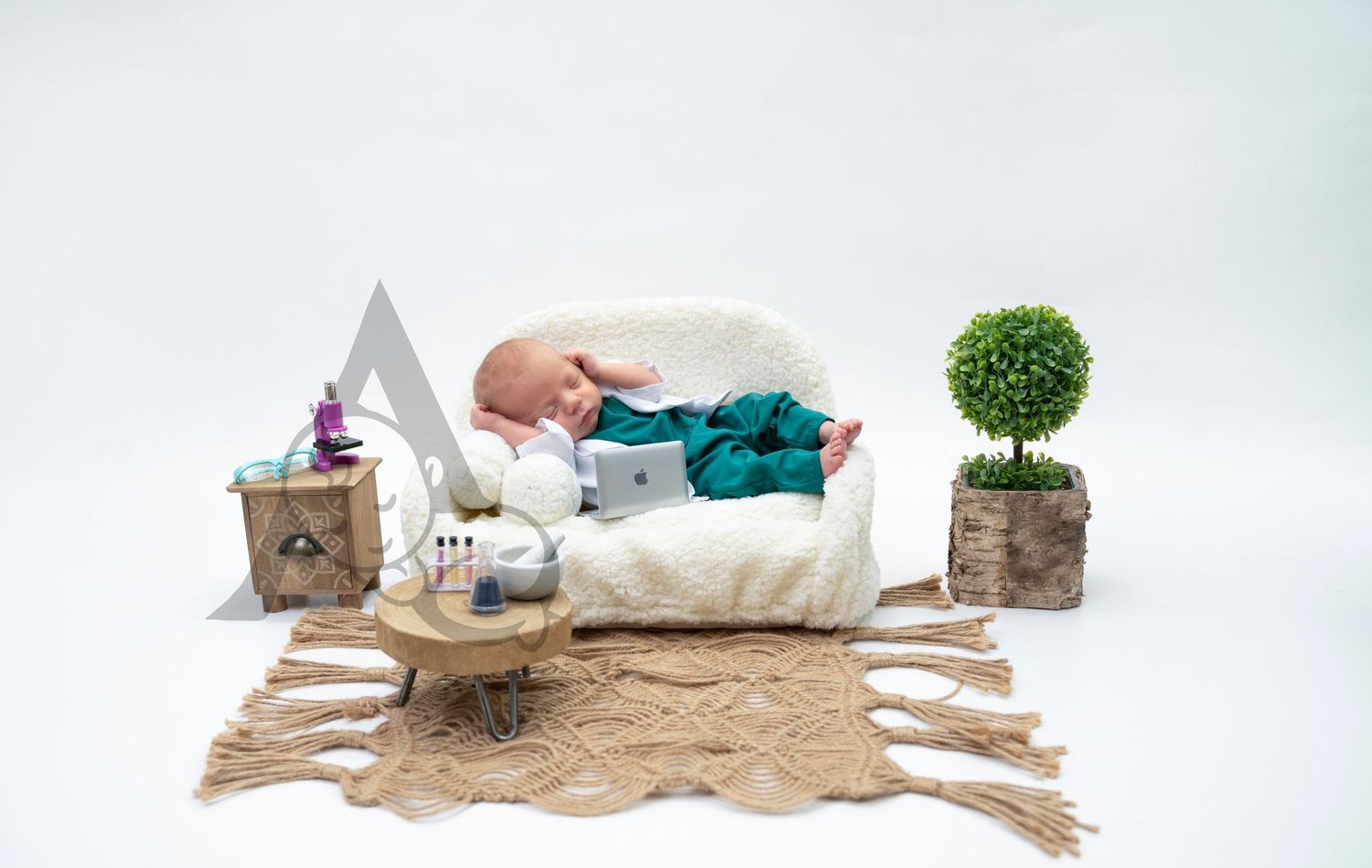 Minimalist photography setup with white chair, potted plant, and jute rug on white background.