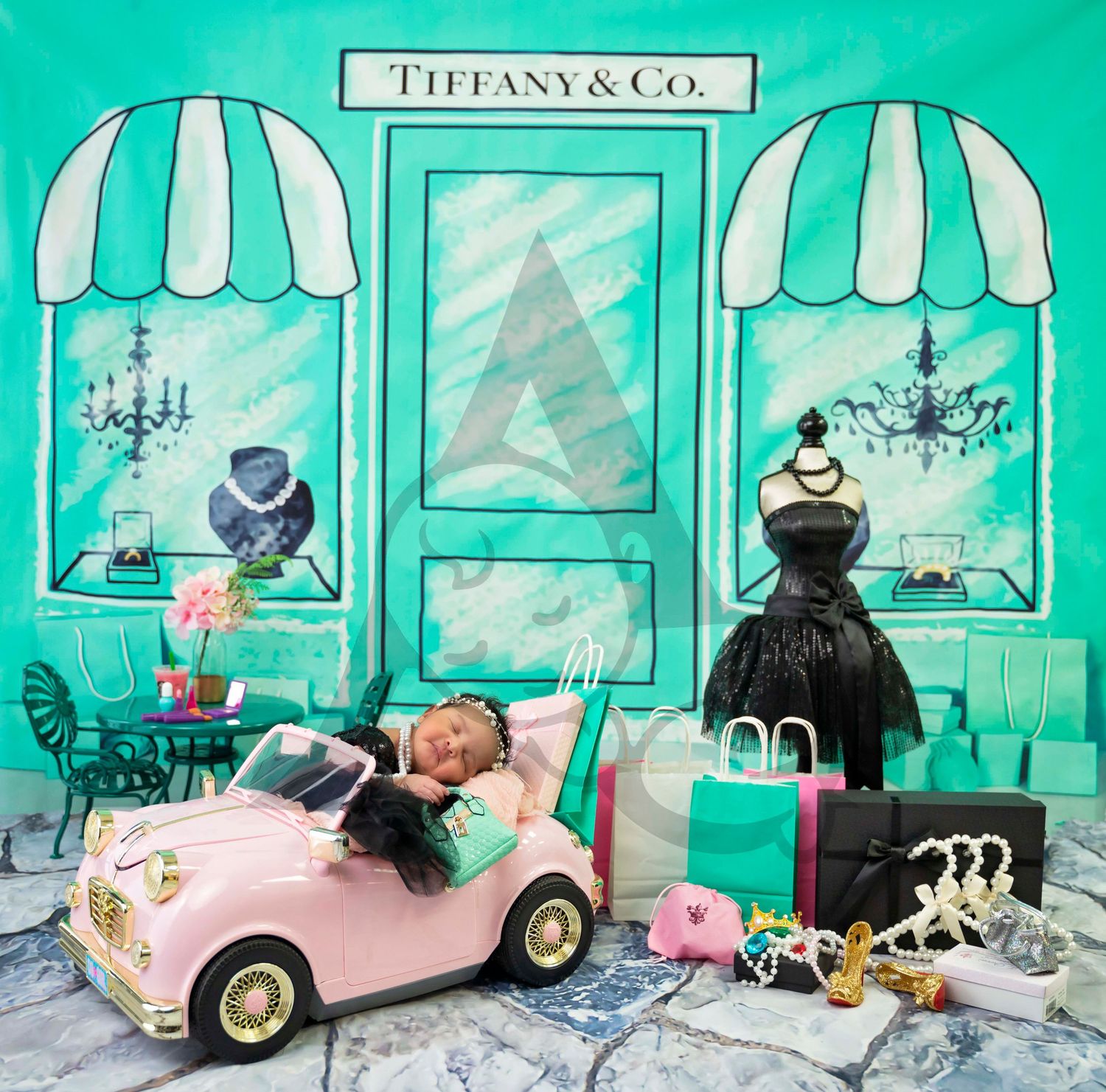 Tiffany & Co themed setup with mint green storefront, pink toy car, and luxurious shopping bags.