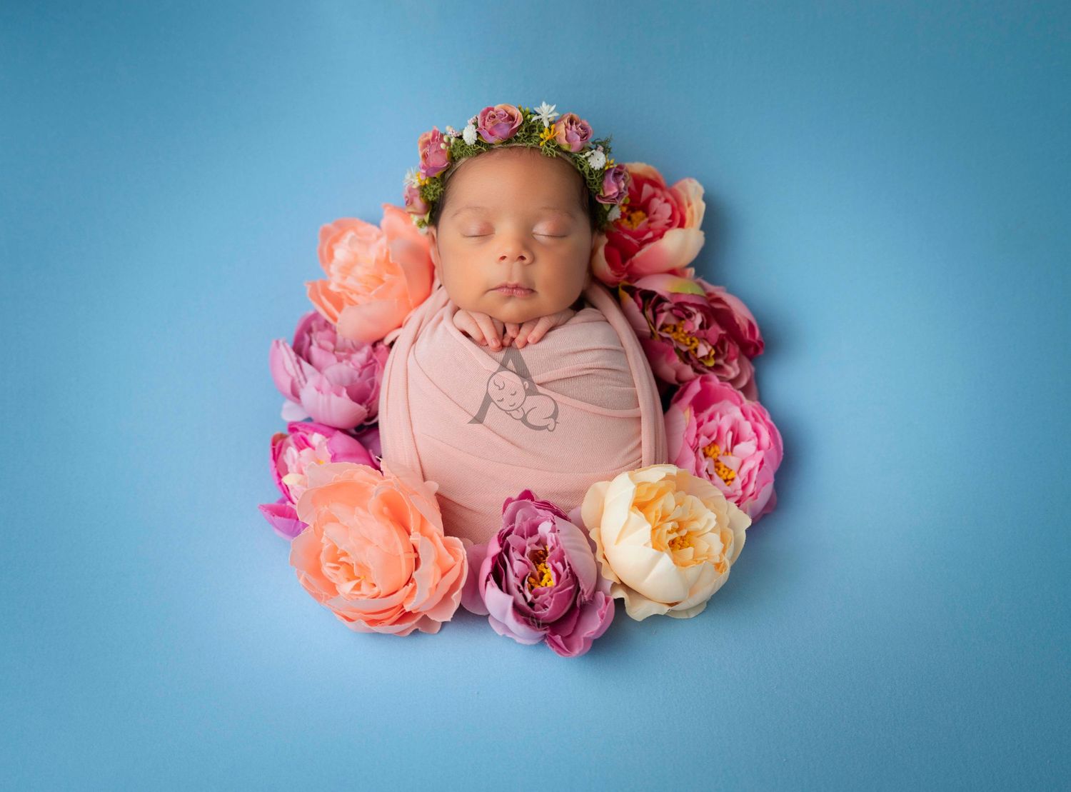 Newborn Baby Swaddled in Flowers. Newborn Photography Coral Springs Florida