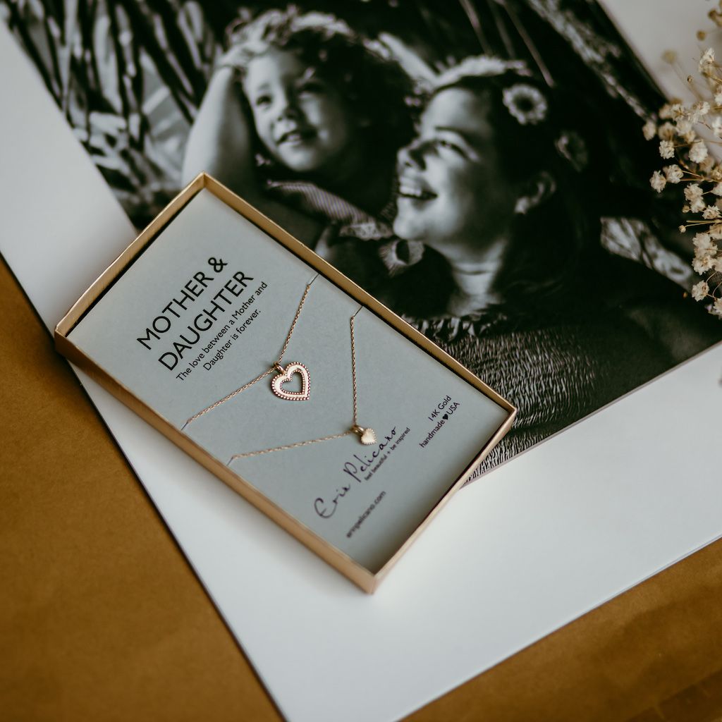 Fine jewelry set of two necklaces with heart-shaped pendants for mom and daughter