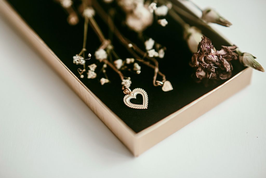 fine jewelry set of two heart-shaped necklaces in a box decorated with flowers