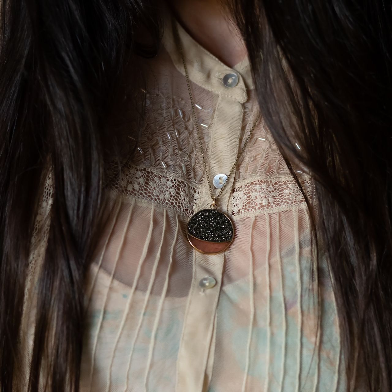 beautiful necklace worn in a vintage fashion