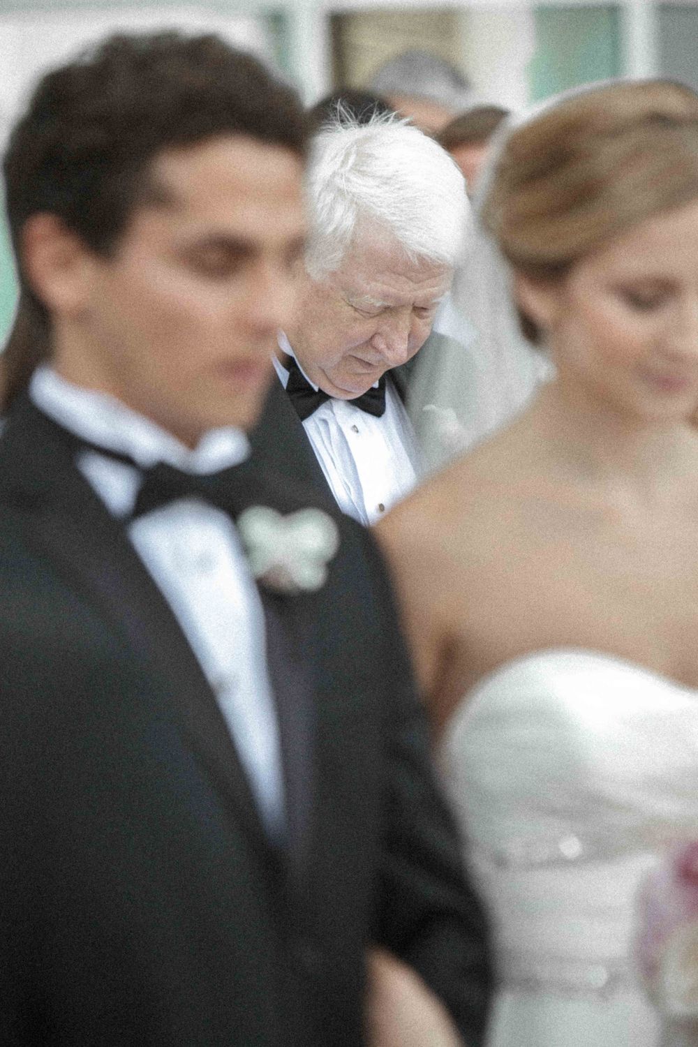 A side-by-side sequence of wedding photos showing the intimate moments of a bride and groom in formal attire.