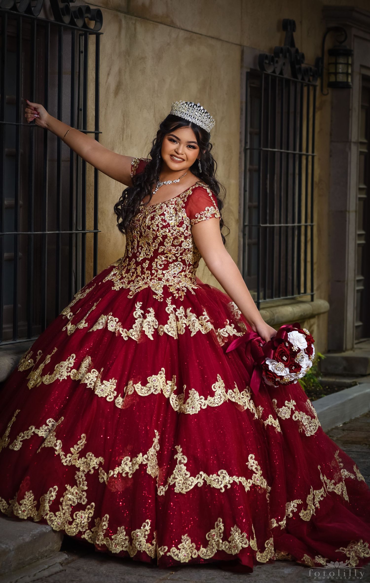 quinceanera photography session in red and gold dress fort worth dallas texas fotolilly photography