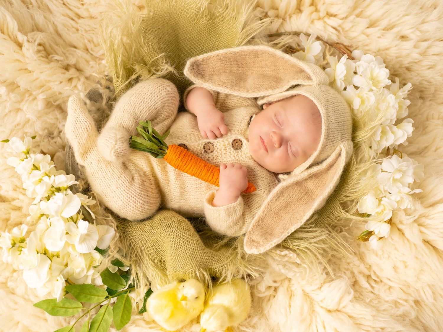 Newborn photo in a bunny suit with little chicks