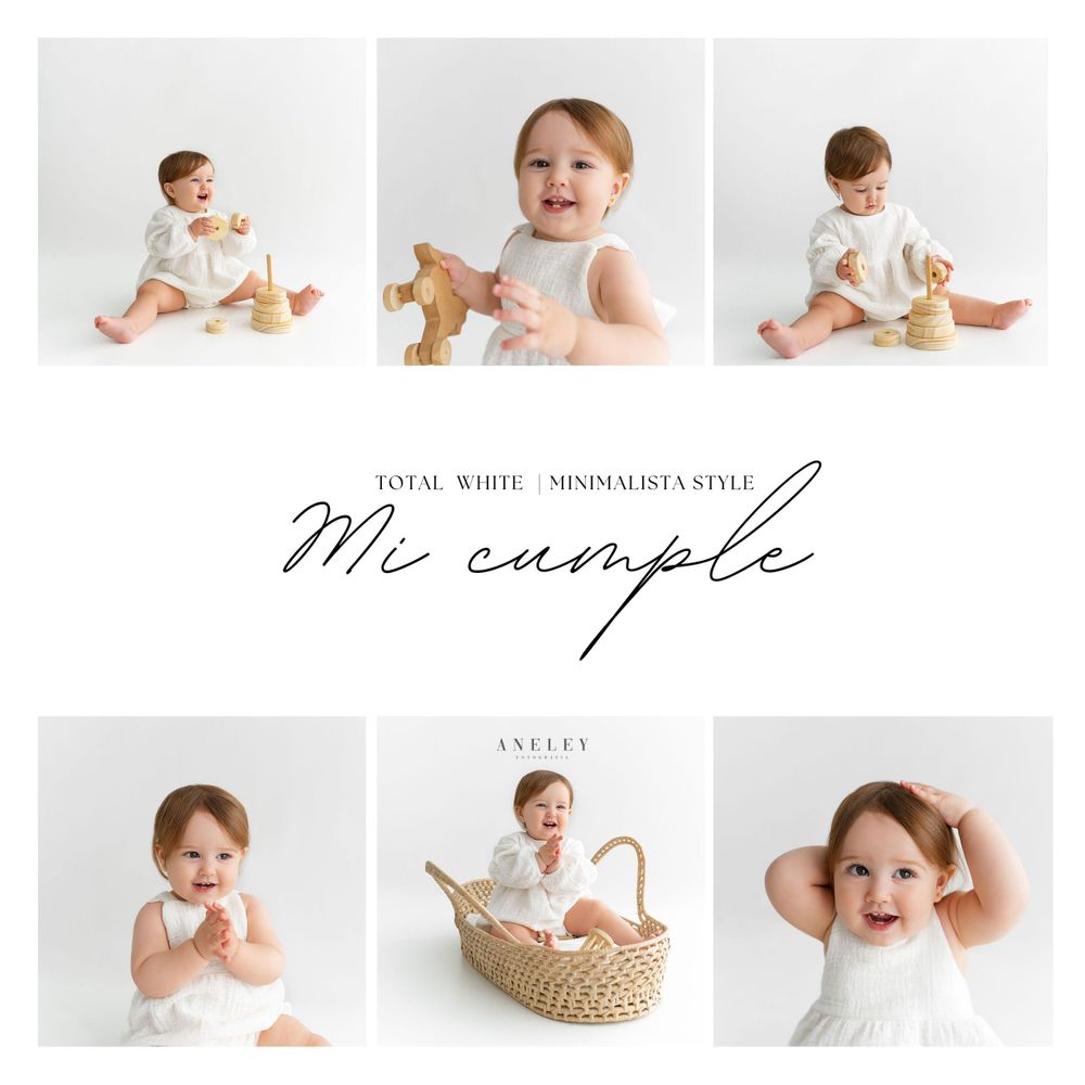Clean white studio photography layout featuring baby milestone portraits with stuffed toys.