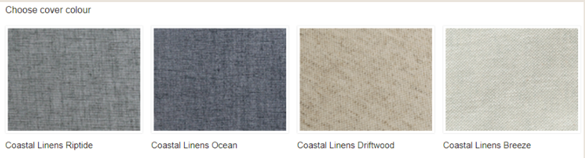 Color swatches showing four linen fabric options in neutral grey and beige tones.