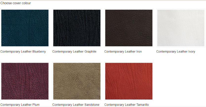 Contemporary leather color options featuring deep jewel tones and neutral shades.