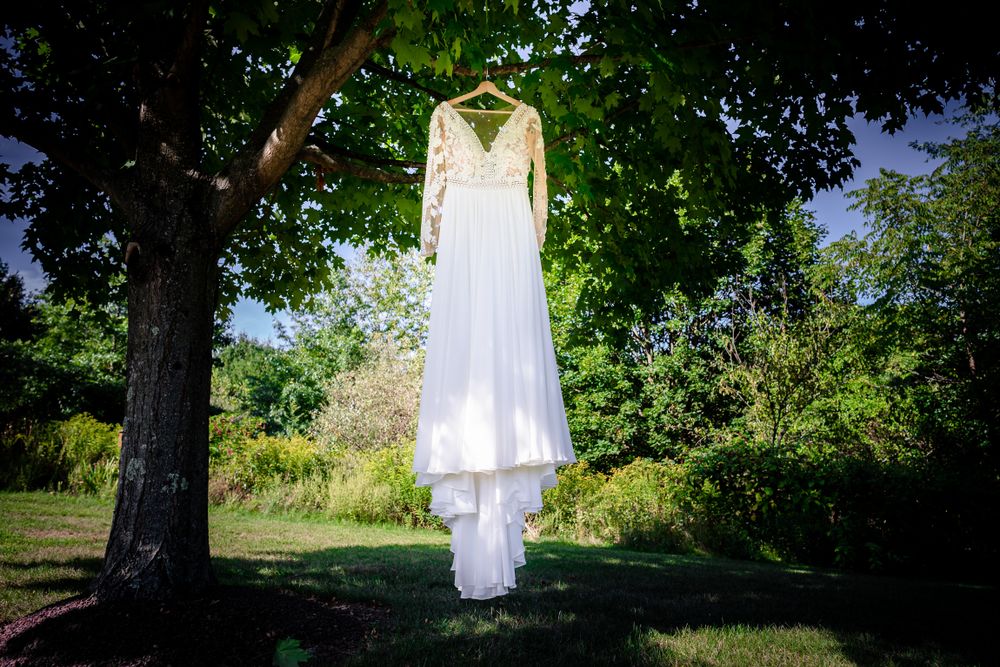 White wedding gown displayed outdoors against natural greenery and blue sky.