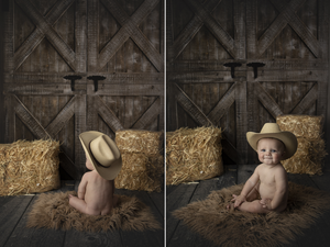 Rustic barn door backdrop with hay bales and western styling.