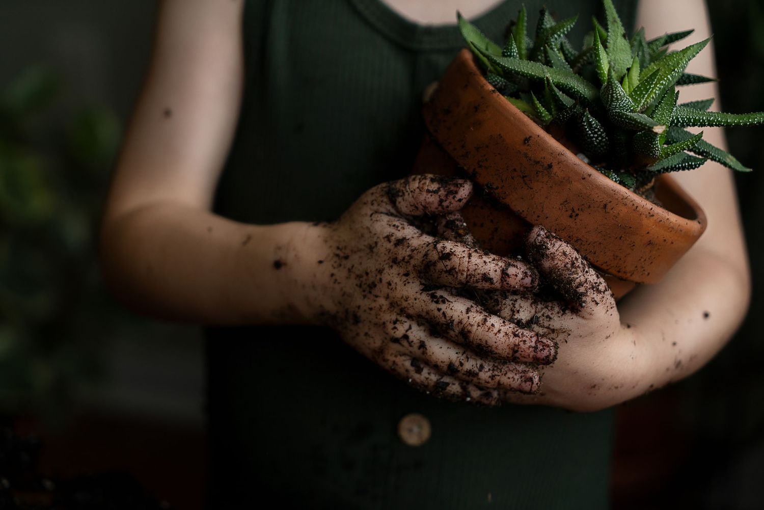 muddy hands grip a flower pot in detailed close-up