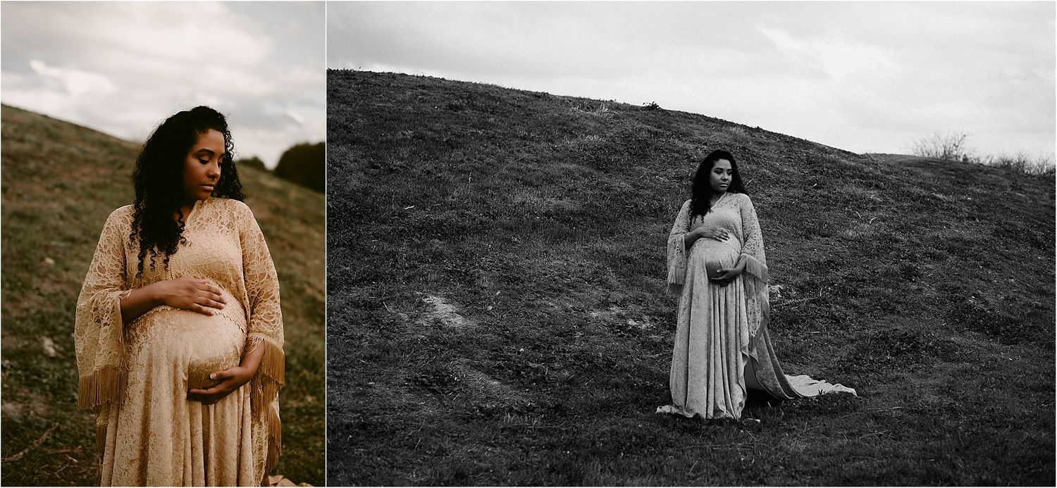 Color and black-and-white maternity portraits in flowing dress on grassy hill.