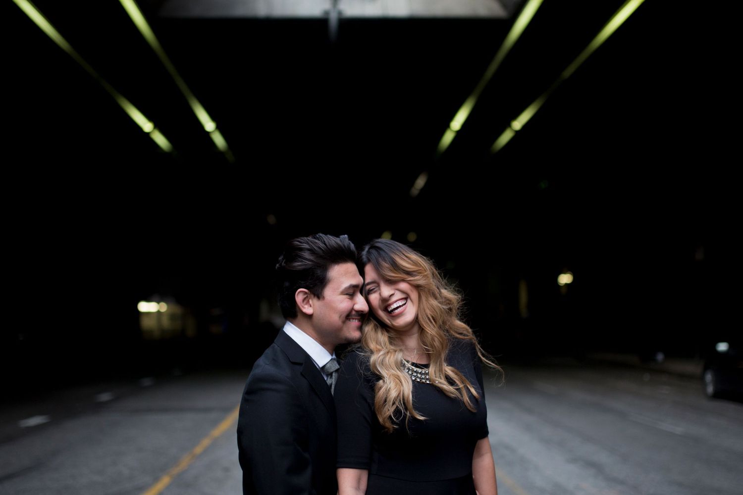 suit and dress engagement photography in downtown los angels