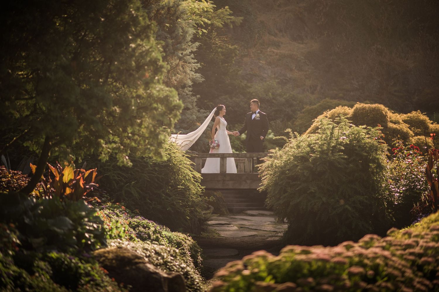 A wedding couple stands on garden steps surrounded by lush greenery and golden sunlight.
