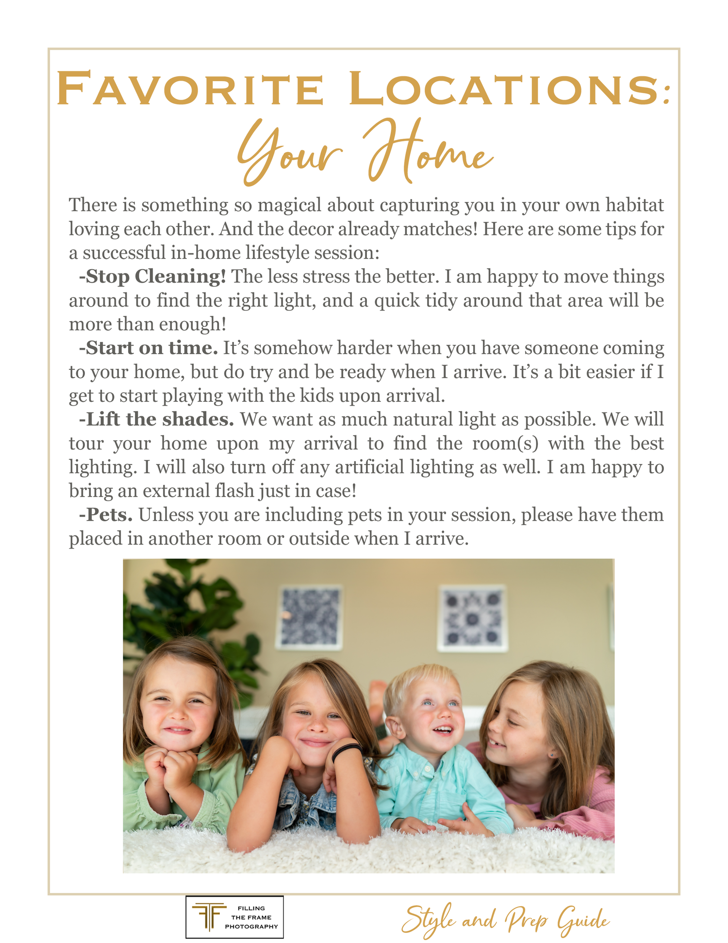 In-home photography guide showing tips for natural light home sessions.