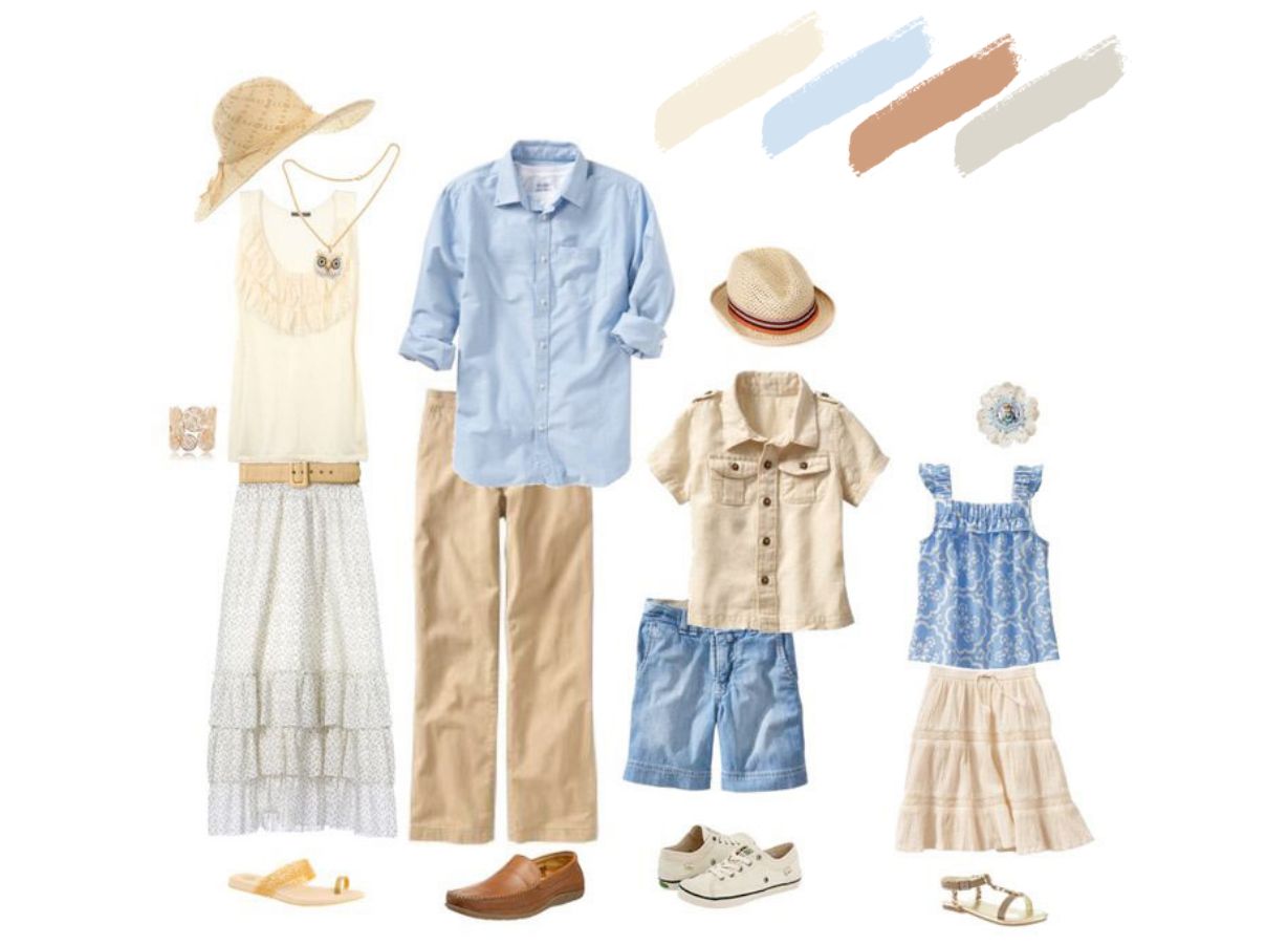 Coordinated family outfit layout with neutral and blue tones for spring photos.