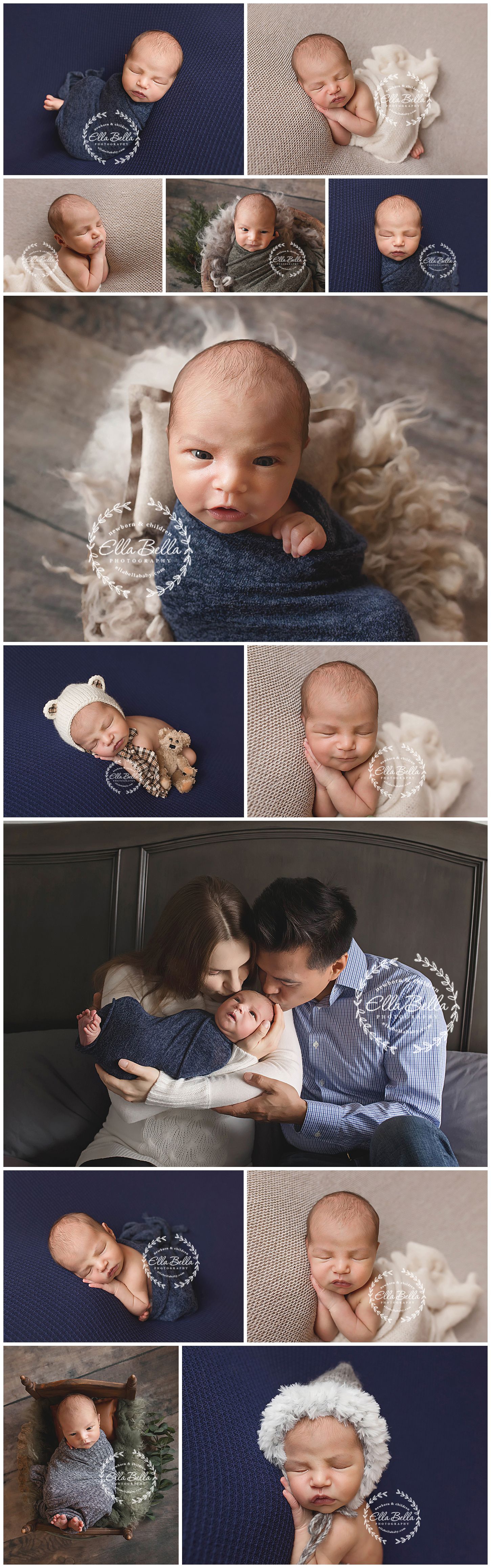 Professional newborn photo collection with baby in various poses and outfits with soft neutral backgrounds.