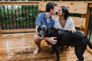 Engagement session along a lake in the woods near Perth, Ontario
