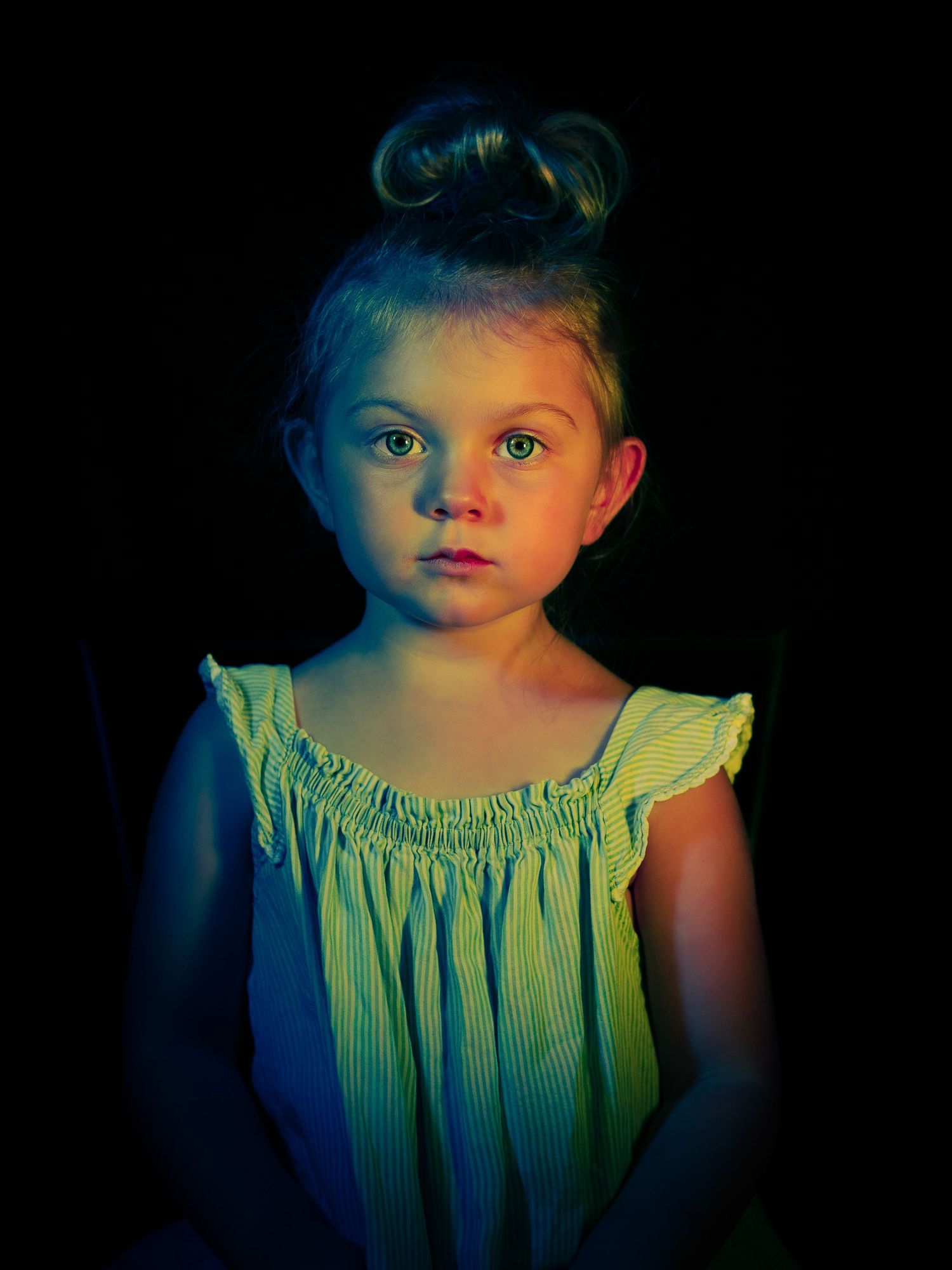 Marco Fossalto Photography - female child - studio portrait color gel photo - creative doll-like