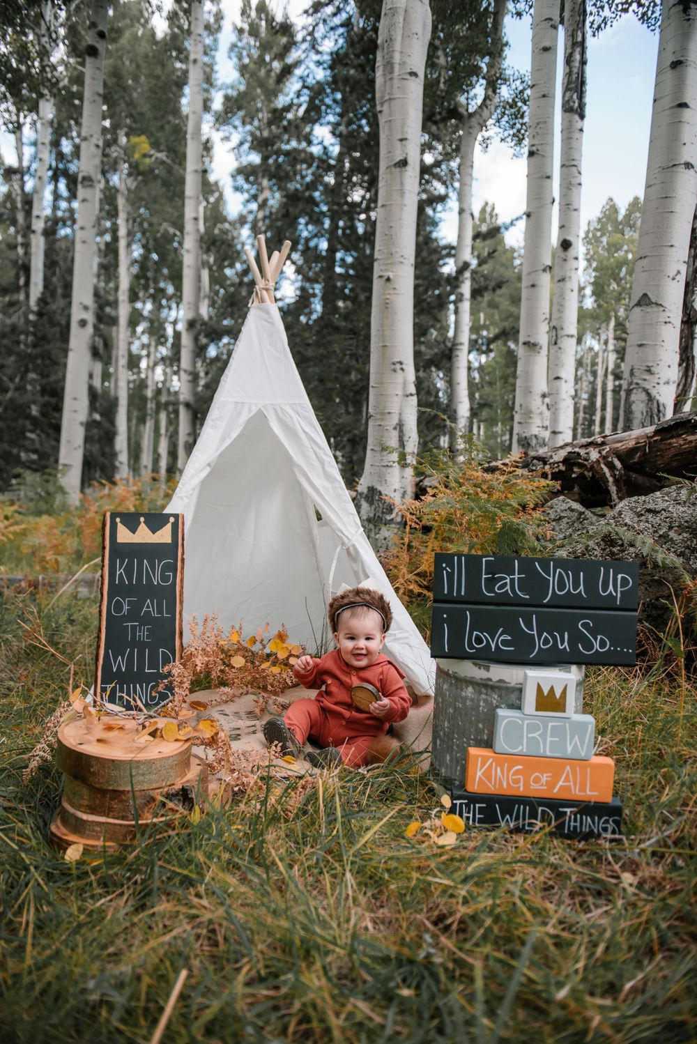 Autumn woodland scene with white teepee, wooden slices, and chalkboard signs among birch trees.