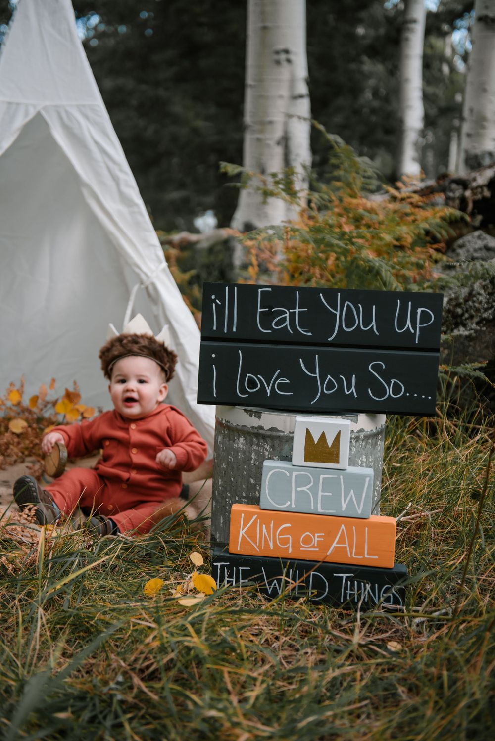 Woodland photo setting with teepee, chalkboard signs, and autumn foliage among birch trees.