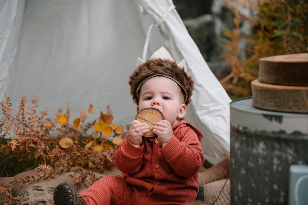 Autumn forest scene with teepee and rustic woodland decorations among birch trees.