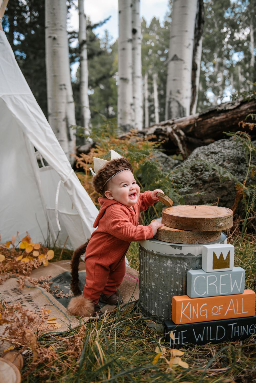 A rustic outdoor scene with a teepee and wooden props in an aspen forest during autumn.