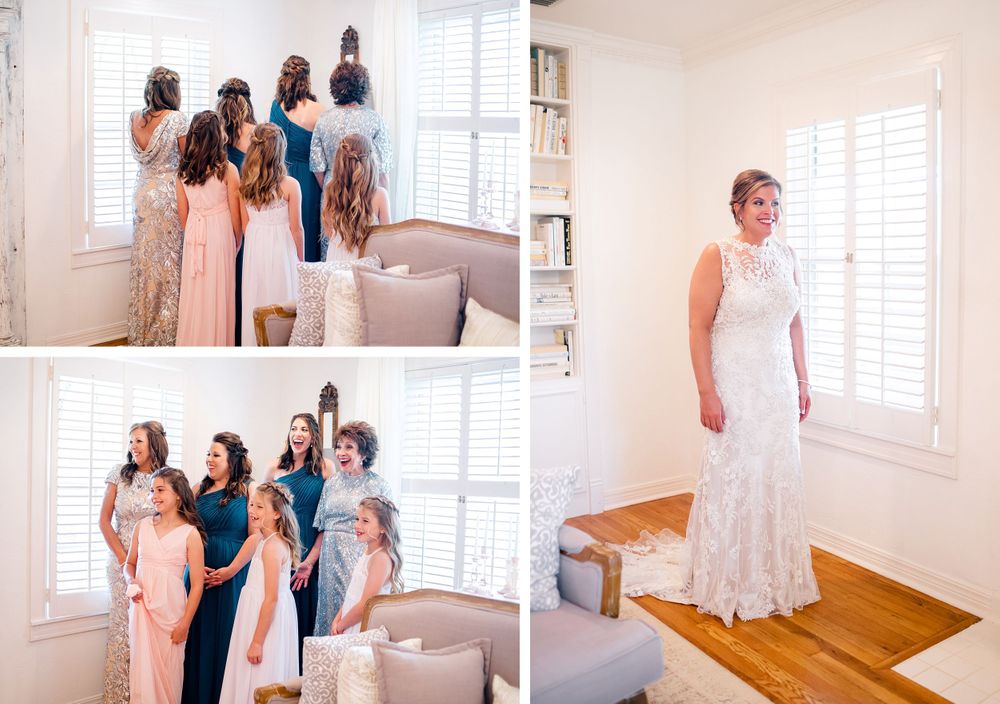 A wedding party in pastel bridesmaid dresses gets ready in a bright white room with shuttered windows.