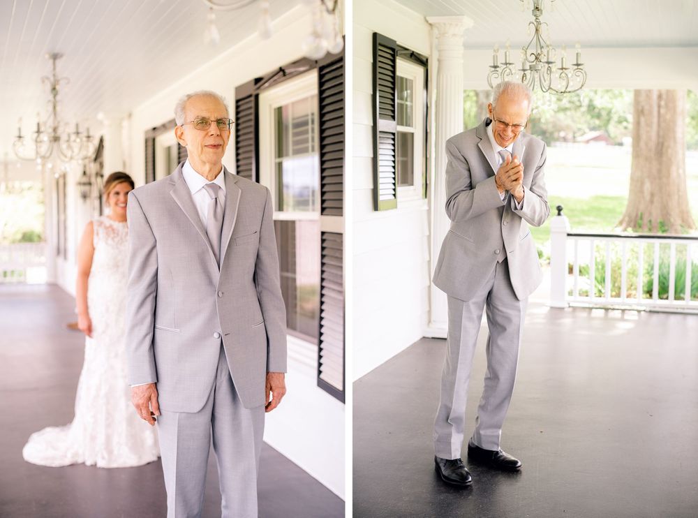 A groom in a light gray suit shows contrasting emotional reactions before the ceremony.