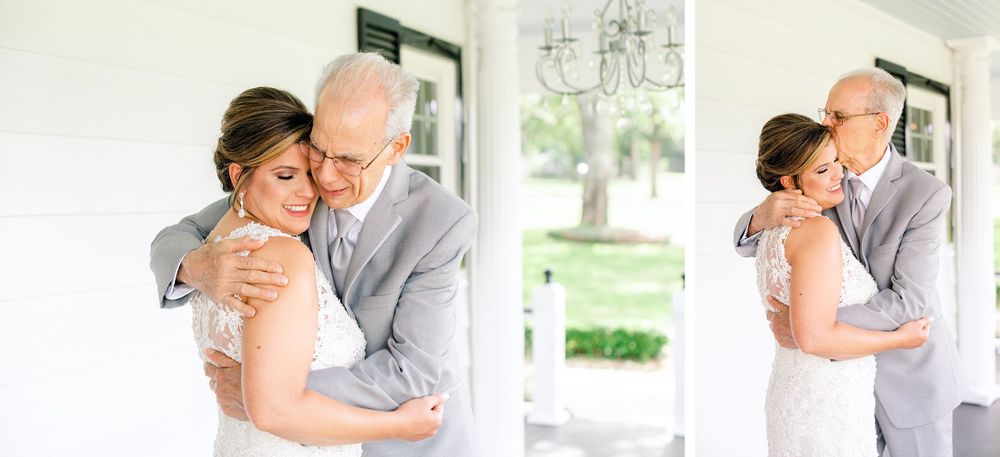 An emotional embrace captured in two tender wedding day moments with vintage-style lighting.