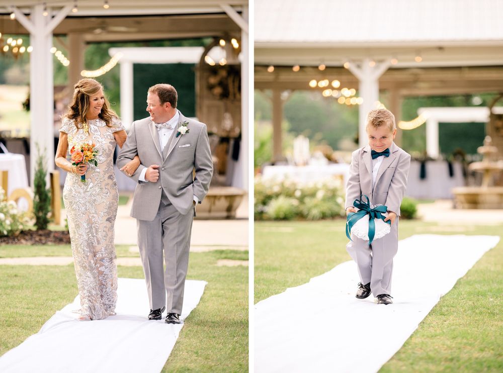 Wedding party members walk down an outdoor aisle during an elegant garden ceremony.