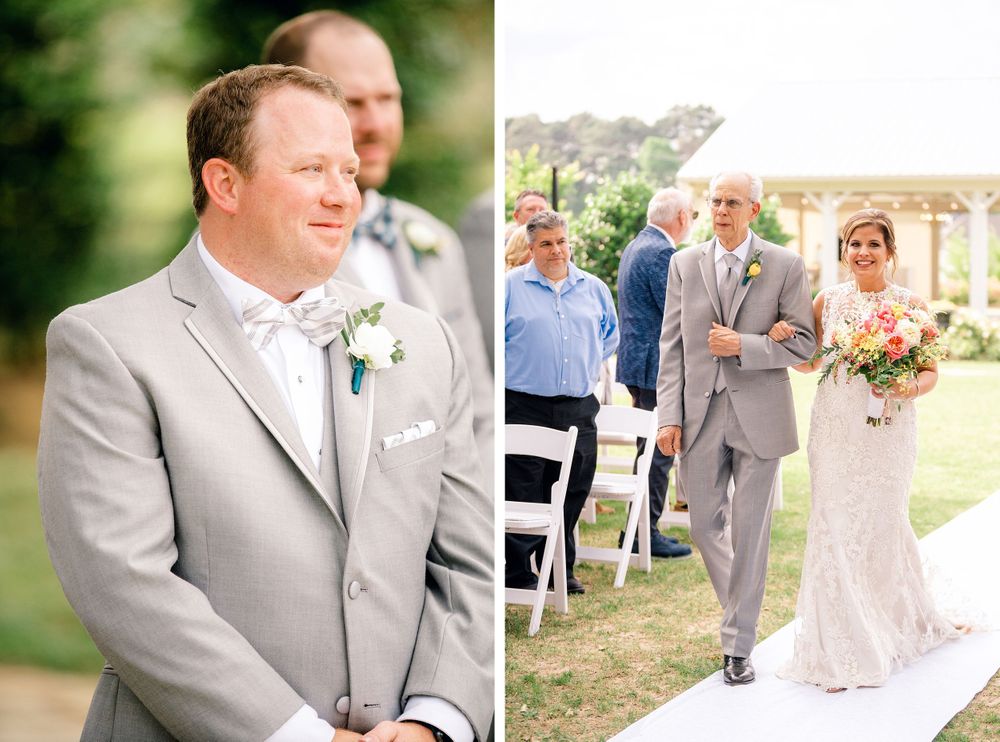 Light and airy wedding ceremony photos featuring gray suits and natural outdoor setting.