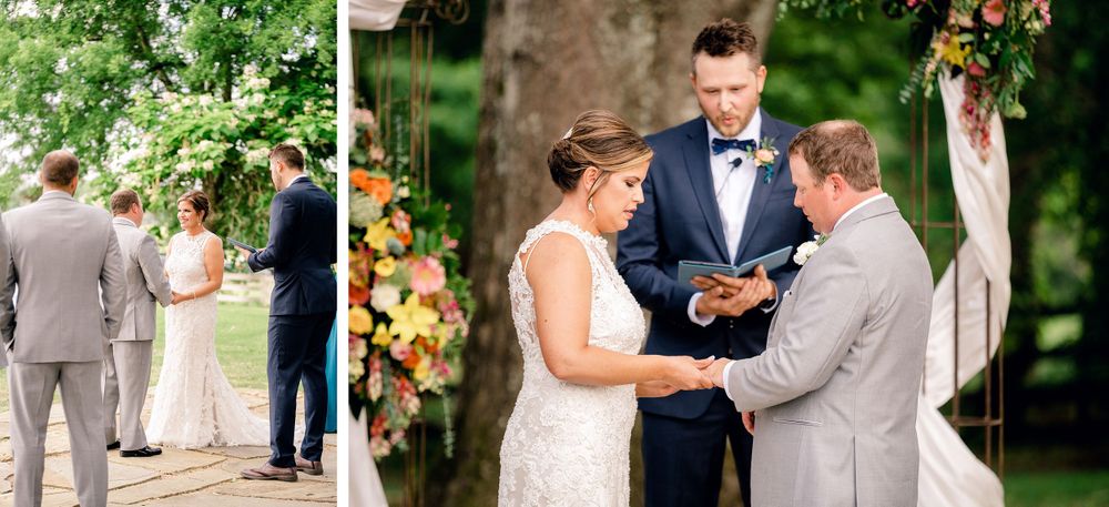 Intimate wedding ceremony moments captured under a floral arch with autumn colors.
