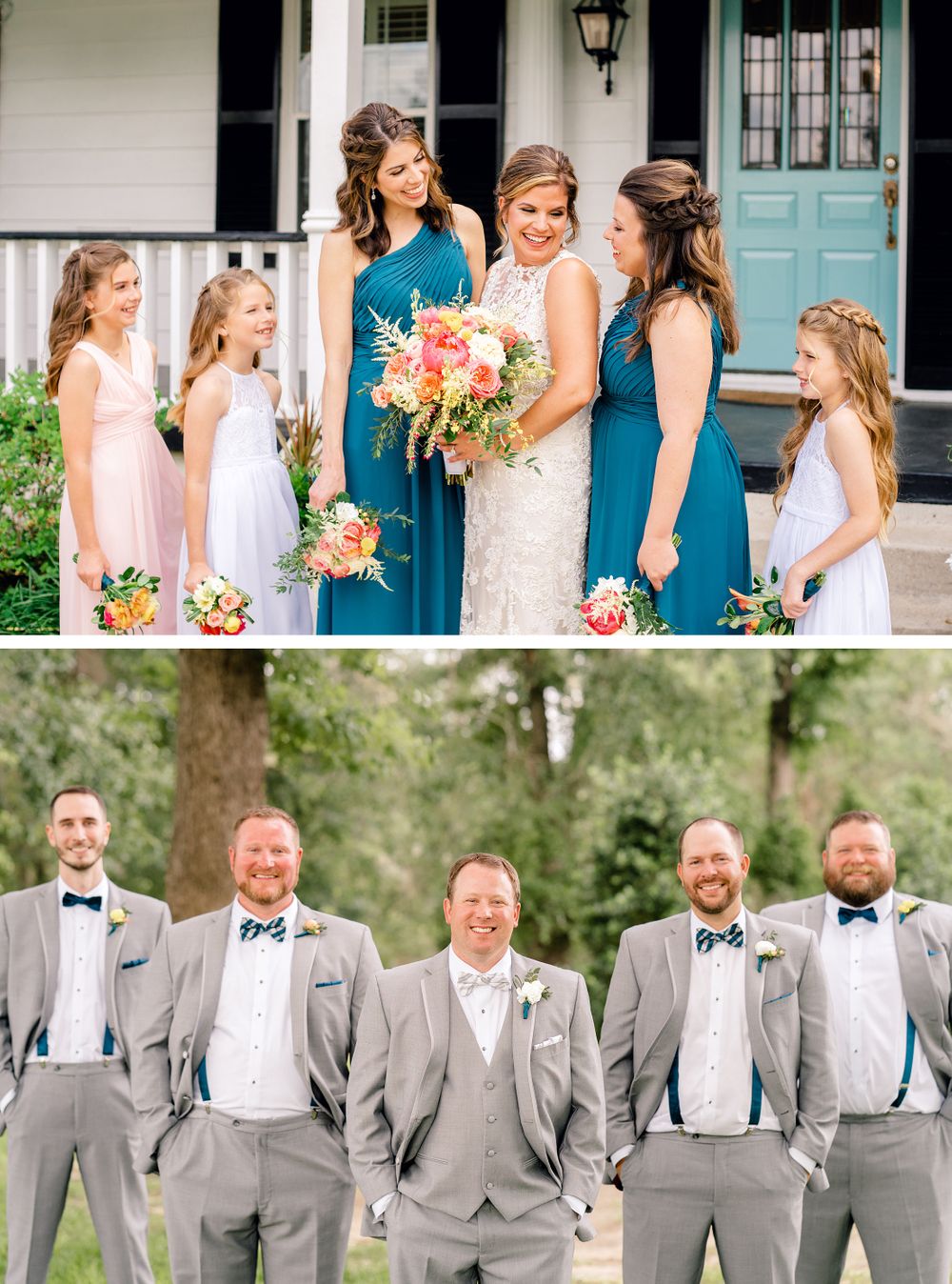 Wedding party portraits featuring teal blue bridesmaid dresses and groomsmen in gray suits with bowties.