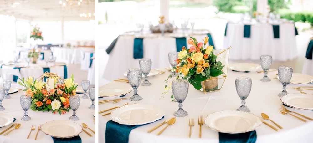 Wedding reception tables set with navy and gold decor featuring bright yellow floral centerpieces.