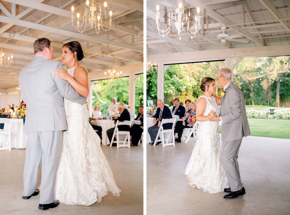 A romantic first dance in an elegant white reception venue with crystal chandeliers.