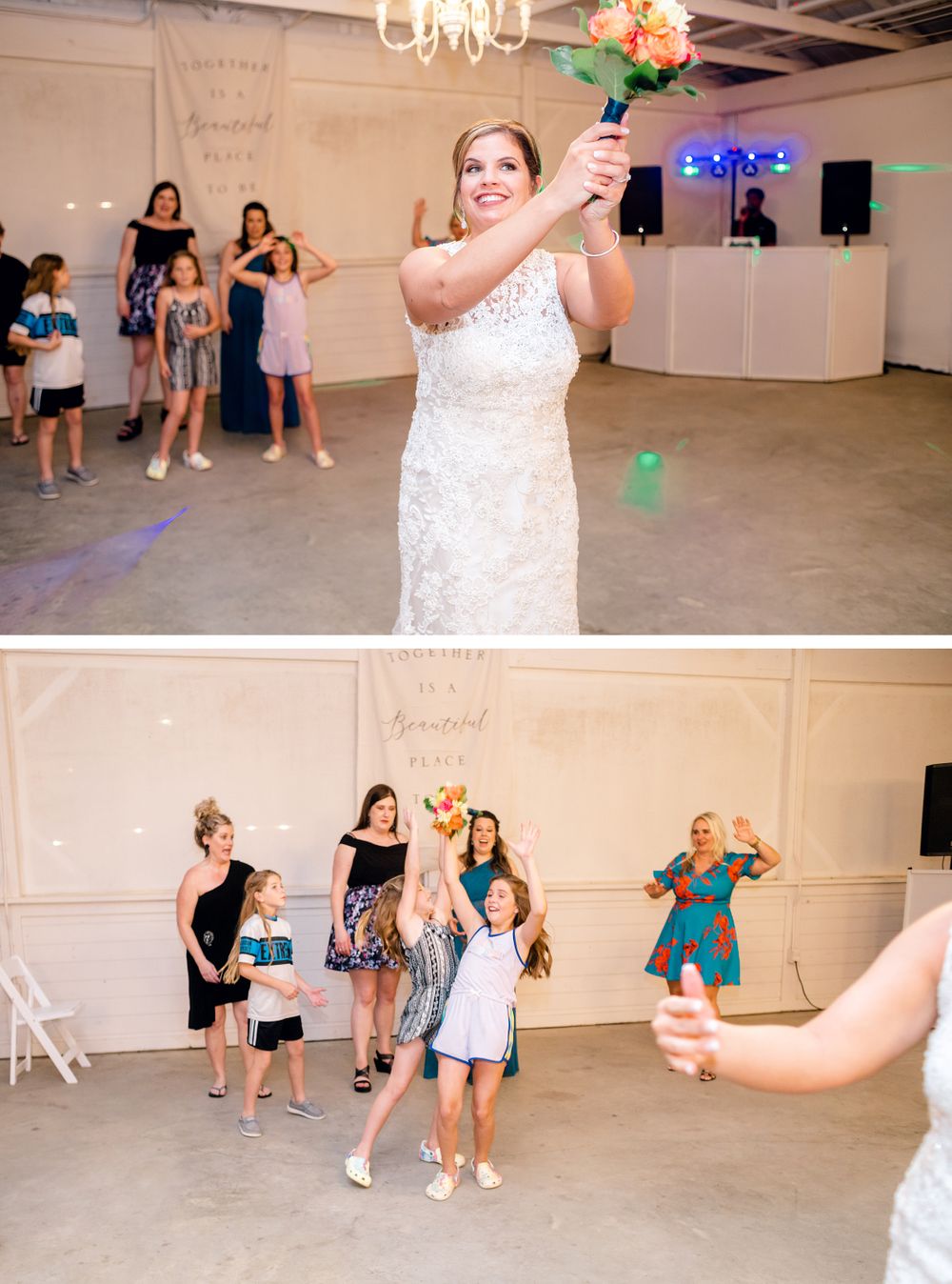 Wedding guests watching a bouquet toss in an indoor reception venue with white walls.