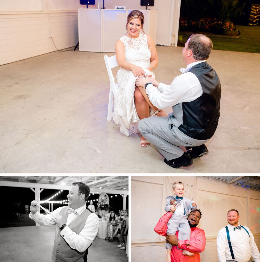 Traditional wedding garter removal during reception and dancing celebration collage.