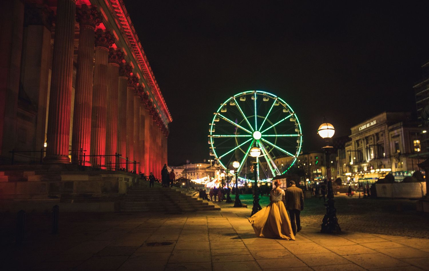 The bride and groom at night, cozy winter wedding, st george's hall Liverpool