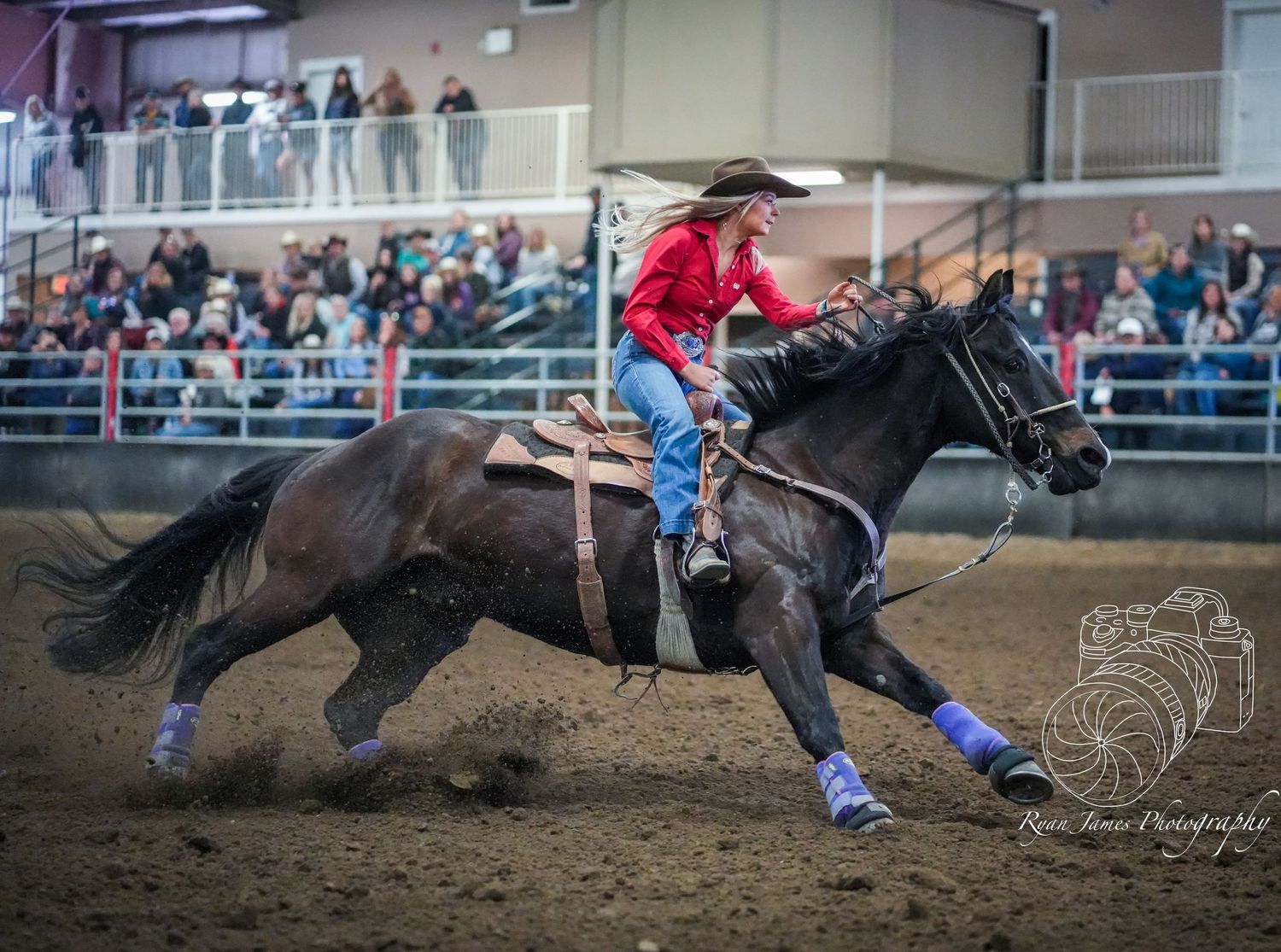 Rodeo rider in red shirt expertly guiding a black horse through an indoor arena competition.